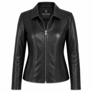 Colette Black Cow Leather Motorcycle <b>Jacket</b> Zipper Closure Spread Collar Solid Autumn Windproof Polyester Lining - Product Image 1