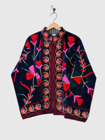 Veste en velours brodée de fleurs, col mandarin, manches longues, grande taille, style Prairie Chic pour femmes, style automne