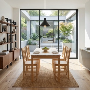 Ensemble de table à manger en teck massif avec 6 chaises à dossier à lattes, table rectangulaire, mobilier de cuisine moderne minimaliste, finition chêne naturel - Product Image 5