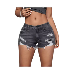 Shorts en jean taille haute déchirés avec ourlet effiloché et cinq poches pour femme, style décontracté - Product Image 1