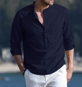 Chemises pour hommes décontractées, respirantes, en tissu tricoté, 100% coton, manches longues, col boutonné, pour l'automne - Product Image 3