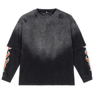 Wholesale Mens Acid Wash Double Layer T Shirt Custom Graphic Print Oversized Cotton Long Sleeve Streetwear Clothing Manufacturer - Product Image 1