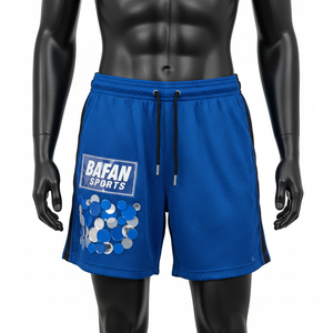 Shorts deportivos de malla transpirable de poliéster premium de 160 GSM para mujer, color azul real, con logo de lentejuelas aplicadas. - Product Image 4