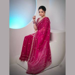 <b>Red</b> Embroidered Premium Frendy Chiffon Saree Gold Thread Work Summer Quick Dry Slim Fit Wedding Party Wear Women Traditional - Product Image 2