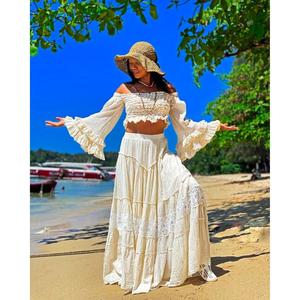 Ensemble deux pièces bohème pour femme, haut court en coton blanc, jupe longue évasée, épaules dénudées, manches longues, vêtements de plage naturels lavables - Product Image 3