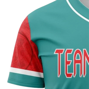 Maillot de baseball bleu sarcelle et rouge à manches courtes, boutonné, uniforme d'équipe personnalisé, respirant, en polyester, pour le sport - Product Image 4