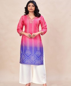 Ensemble haut et pantalon en rayonne et coton, imprimé Bandhani ombré, style RICH LOOK, pour usage quotidien, vêtement ethnique tissé, rose - Product Image 1