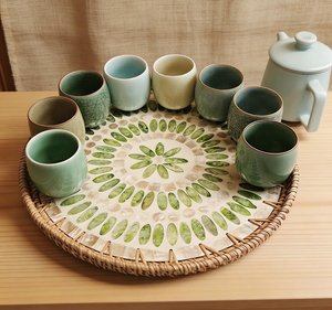 Natural Woven Rattan Mother of Pearl Round Tray Handmade Decorative <b>Basket</b> for Dining Table Wall Display - Product Image 2