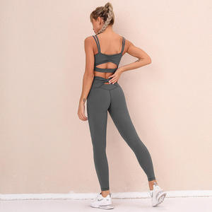Women Yoga Set Sleeveless High Waist Seamless 2 Piece Solid Color Spandex <b>Polyester</b> Crop Top Full Length <b>Legging</b> for Gym Fitness - Product Image 4