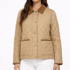 Veste matelassée beige pour femme, style classique avec motif losanges, manteau d'hiver léger à boutons, vêtement d'extérieur rembourré, couche chaude décontractée - Product Image 1