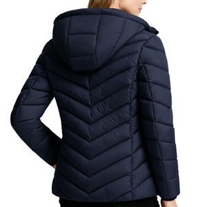Blouson matelassé à capuche bleu marine pour femme, coupe slim, en polyester coupe-vent, fermeture éclair frontale, couleur unie, décontracté, pour l'hiver - Product Image 2
