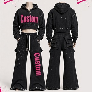 Custom Black <b>Crop</b> Hoodie With Rhinestone Studded <b>Zip</b> <b>Up</b> Tracksuit 100% Cotton Fabric Hoodie Wide Leg Trouser Two Piece Set - Product Image 1