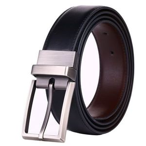 Ceinture Formelle en Cuir Véritable Noir Uni en Peau de Vache avec Boucle à Ardillon Rectangulaire Argentée Style Business pour Homme - Product Image 1