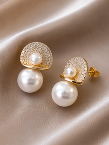 Luxury Gold Plated Pearl <b>Stud</b> Drop <b>Earrings</b> <b>Crystal</b> Pave Fan Design Orthodox Trendy Elegant Jewelry Women Party Gift - Product Image 1