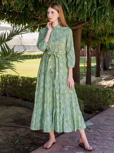 Nueva llegada de las mujeres elegantes bloque de mano impreso casual algodón Maxi vestido 100% lavable VERDE impreso algodón Maxi vestido - Product Image 4