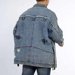 Veste en jean pour homme, coupe ample, col rabattu, 100% coton, style décontracté, effet délavé, longue, simple boutonnage - Product Image 2
