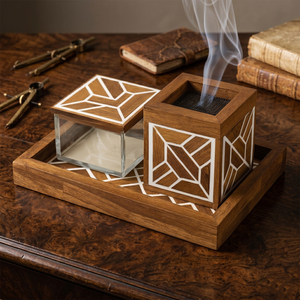 Ensemble d'encensoirs en bois exquis avec incrustation de os et design géométrique. Décoration d'intérieur arabe de haute qualité et diffuseur d'aromathérapie - Product Image 1
