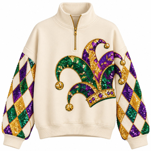Elegante Sudadera Corta Transpirable para Mujer con Lentejuelas Lavanda, Cuello Redondo con Letras de Mardi Gras y Mangas Abullonadas - Product Image 5