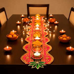 Camino de mesa rosa con diseño de loto para Diwali, con portavelas y encaje dorado, para mesa de comedor, bodas, decoración del hogar y festivales. - Product Image 1