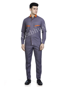 Chemise de travail pour homme, grise, à manches longues, avec accents orange, en coton respirant, style mode travail - Product Image 1