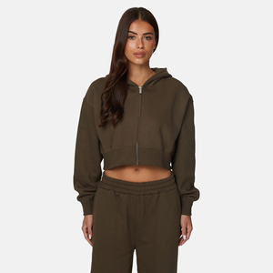 Sweat-shirt à capuche court vert olive pour femme, manches longues, fermeture éclair, tricoté, couleur unie, décontracté, pour l'automne - Product Image 4