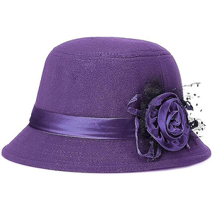 Chapeau Fedora en lin violet avec fleur en satin et ruban, fait sur mesure pour femme, idéal pour les occasions formelles, printemps-automne, adulte - Product Image 1