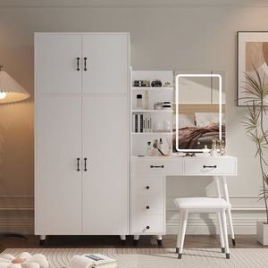 "Large Wood <b>Makeup</b> Vanity Table with Lighted <b>Mirror</b> 5 Drawers & 4 Doors Power Outlets" - Product Image 1
