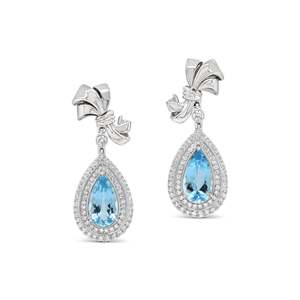 Boucles d'oreilles pendantes en or blanc 18 carats avec aigue-marine 3,83 carats à double halo et diamants de laboratoire 1,90 carat taille brillant rond D/E, VVS/VS - Product Image 3