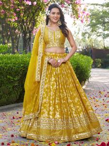 Yellow Embroidered <b>Lehenga</b> Set Block Printed Indian Pakistani Outfit Dupatta Blouse and Skirt for <b>Wedding</b> Festival - Product Image 1