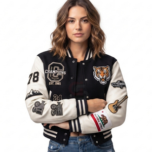 2026 New Casual Fashion Best hot Selling <b>Women's</b> vintage patchwork style Varsity <b>Jacket</b> Cropped Wool and Leather Sleeve <b>Jackets</b> - Product Image 4