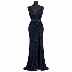 Midnight Navy Sequin Evening <b>Dress</b> | V-Neck Sleeveless Fitted Floor Length Gown with Wide Straps and Front Slit for Party Events - Product Image 1