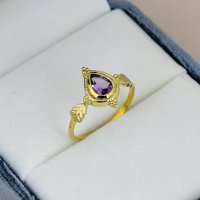 Bague en argent sterling 925 massif plaqué or avec améthyste taille poire, sertie clos, motif feuille de vigne vintage, pour femme, usage quotidien