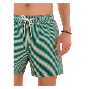 Short de plage rayé vert pour homme, taille mi-haute, avec cordon de serrage, respirant, en coton tissé, avec poches - Product Image 3