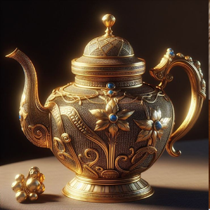 Service à thé en or orné, comprenant une grande théière gravée et quatre tasses assorties sur un plateau. Disponible aux prix de gros. - Product Image 4