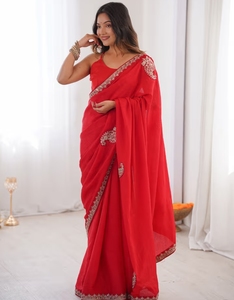 KV Silk Blend <b>Red</b> Embroidered <b>Saree</b> With Unstitched Blouse - Product Image 4