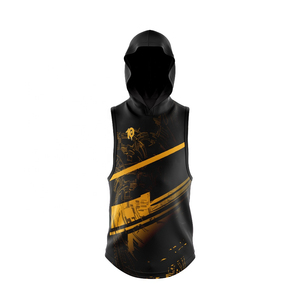 Conjunto de Camiseta de Baloncesto sin Mangas con Capucha Sublimada Personalizada, Absorbente de Humedad, Unisex, para Adultos, con Estampado Negro y Dorado - Product Image 4