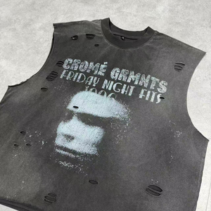 Camiseta sin mangas con corte crudo y lavado vintage 100% algodón con estampado DTG personalizado al por mayor para hombre - Product Image 3