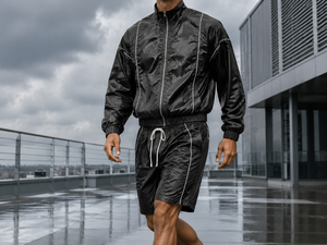 Ensemble coupe-vent deux pièces pour homme : veste et short respirants, personnalisables avec fermeture éclair, logo sur mesure devant et derrière - Product Image 4