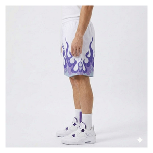 Shorts de basket-ball en maille blanche pour hommes, avec imprimé flamme violette, taille à cordon de serrage, vêtements de sport décontractés, pantalons courts respirants - Product Image 2