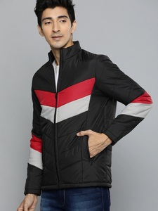 Blouson matelassé pour homme noir, rouge et blanc, coupe-vent, style sportif, col montant, fermeture éclair sur le devant, coupe régulière - Product Image 6