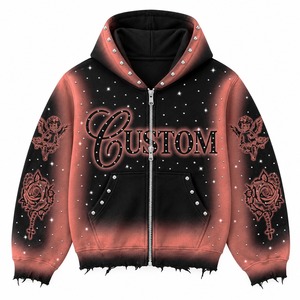 Custom <b>Pink</b> And Black Zip Up Hoodie With Rhinestone Angel Print And Raw Frayed Hem Design For Unisex Wear - Product Image 5