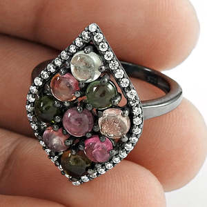 Anillo de Plata de Ley 925 con Turmalina y Circonitas en Engaste de Bisel con Múltiples Piedras Preciosas, Estilo Bohemio, para Mujer, para Boda y Fiesta de Compromiso - Product Image 3
