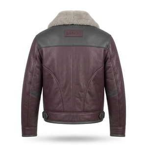 Custom Mens <b>Burgundy</b> Charcoal <b>Leather</b> <b>Jacket</b> Shearling Collar Detailing Quilted Lining Warm Winter Flight Aviator Biker Coat - Product Image 2