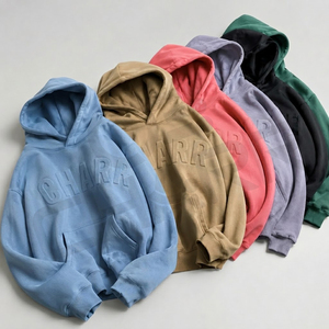 Sweat à capuche unisexe en coton premium gaufré, coupe oversize, streetwear hiver, poche kangourou, épaules tombantes, technique brodée - Product Image 3
