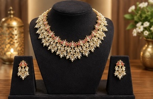TISHYA DIAMOND Gold Plated Copper Alloy Brilliant Cut Necklace Earrings <b>Set</b> Imitation <b>Pearl</b> Red Inlay Ethnic <b>Jewelry</b> for Women - Product Image 4