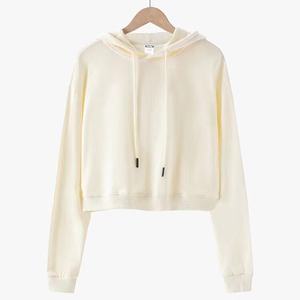 Womens <b>Crop</b> <b>Top</b> Hoodie Cotton Fleece Short Length Pullover Sweatshirt Adjustable Drawstring Hood Casual Streetwear - Product Image 3