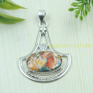Pendentif en nacre orange, cuivre et turquoise, fait main, en argent 925, style vintage bohème ethnique, bijou artisanal unique, cadeau pour elle - Product Image 5