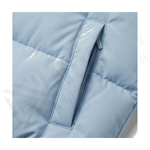 Light Blue Quilted Puffer Jacket Full Sleeve Stand Collar Windproof Winter Thick Polyester Wadding Short Length - Product Image 5