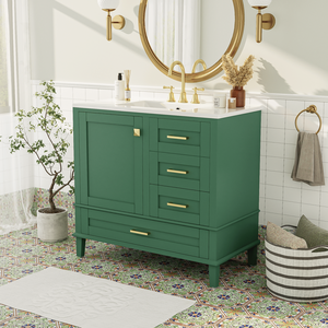 Mueble de Baño Moderno de 36 Pulgadas, Color Verde, con Estructura de Pino Sólido, 1 Puerta con Cierre Suave y 3 Cajones, Serie W - Product Image 2