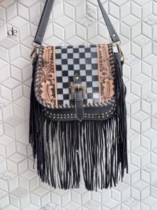 Wholesale Fringe Handbag Hand <b>Tooled</b> Carving <b>Leather</b> Bag Gypsy Boho Checkers Handmade Real <b>Leather</b> Western Multi Uses Bag - Product Image 4